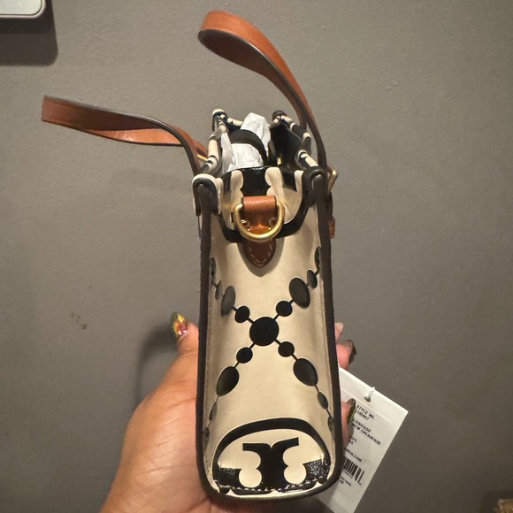 Tory Burch Black and Cream two sided Tote with Brown Handle Bag - Picture 4 of 6